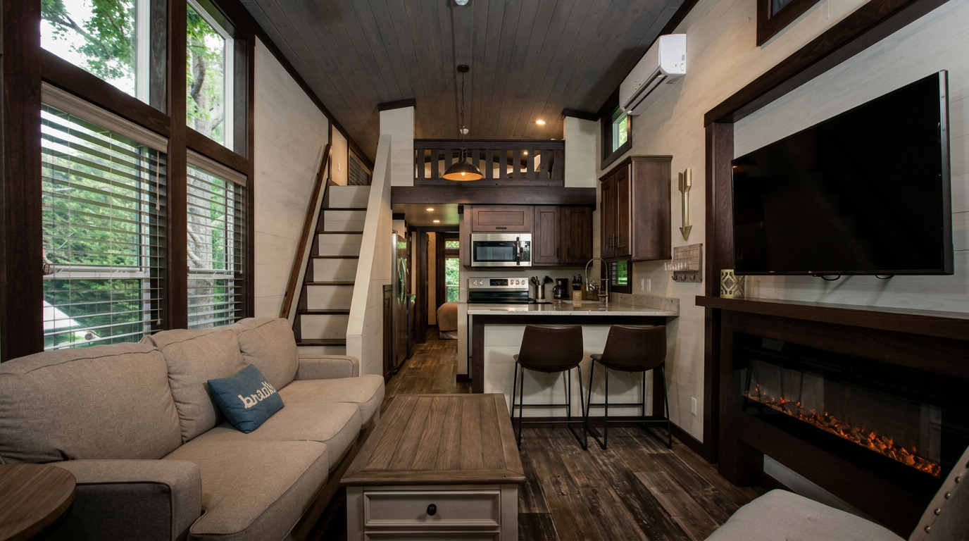 Luxury tiny home at golden hour in the Missouri Ozarks